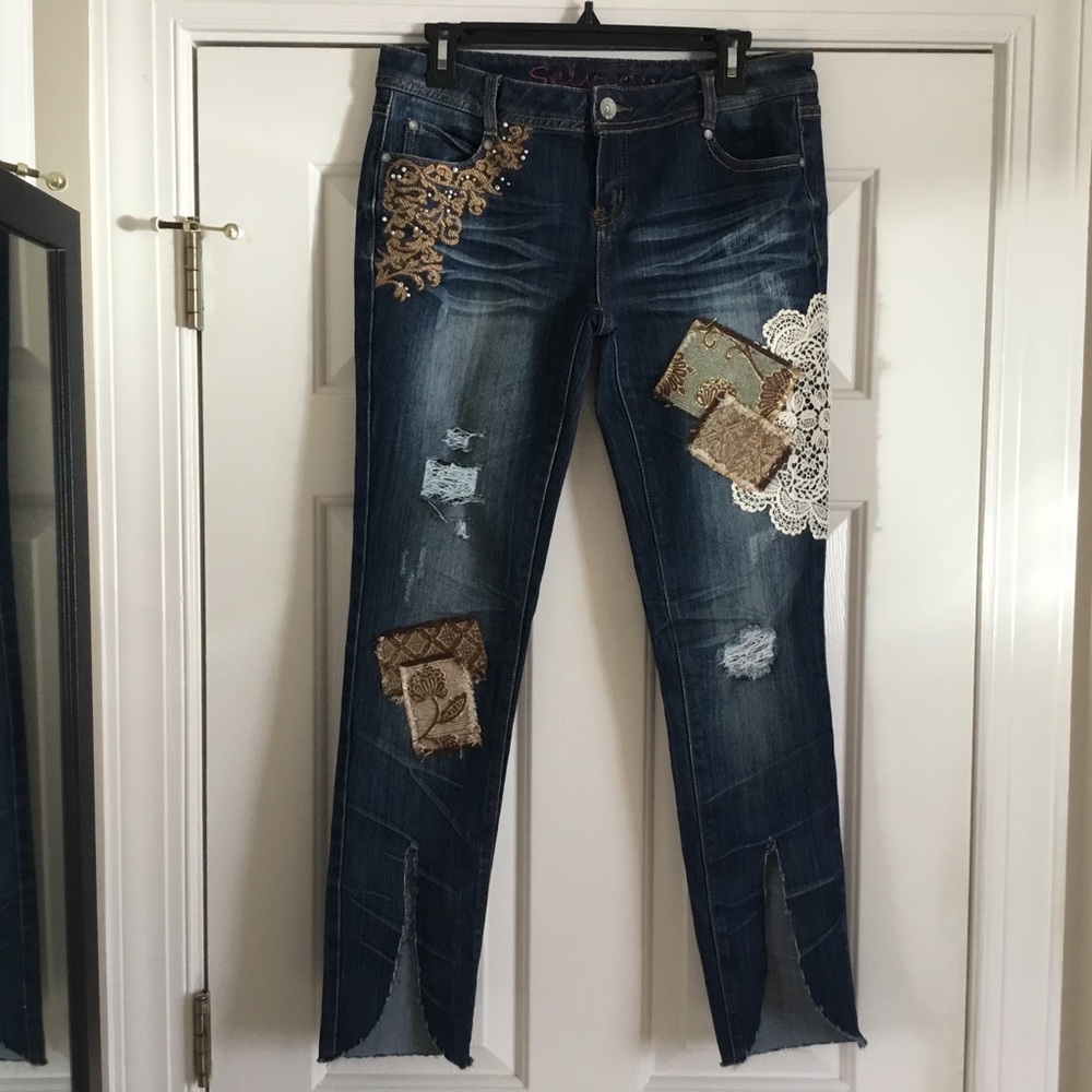 NWOT upcycled SELVIANO lace patchwork slim jeans 4 6 31